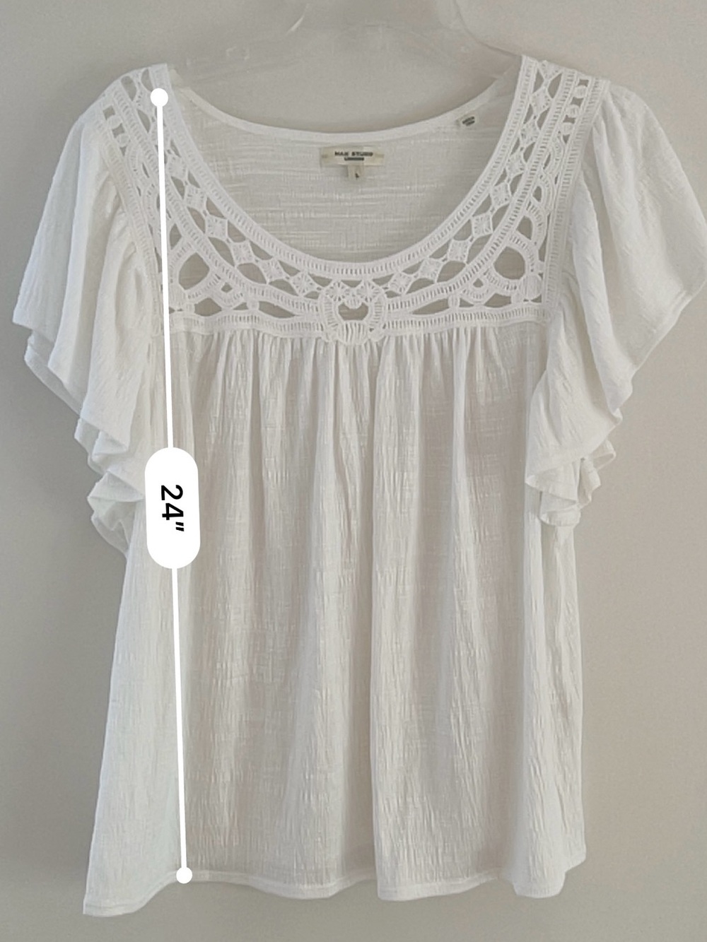 Max Studio White Crochet Yoke Flutter Sleeve Blouse